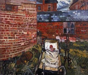 John Bratby: Baby in pram in garden