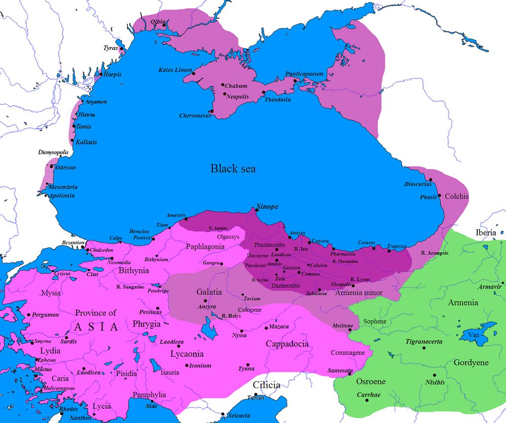 Mithridates Reich am Anfang (dunkelllila) und am Ende (helllila) seiner Herrschaft